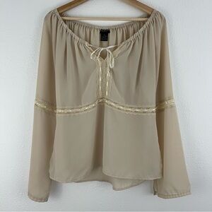 MILANO Vintage 90s Creme Beige Coquette Lace Wide Sleeve Semi Sheer Flowy Blouse